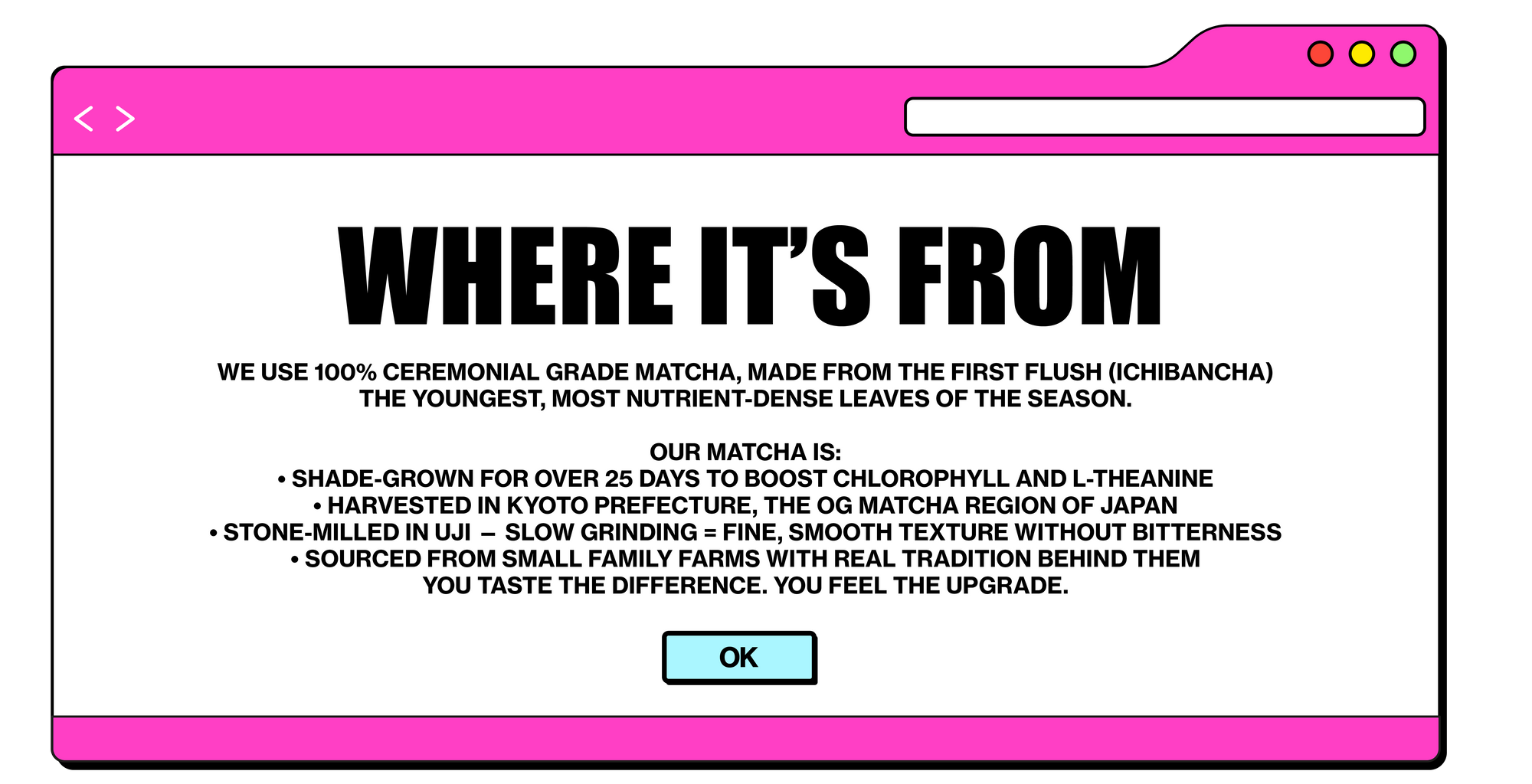 Browser window with text about matcha quality on a white background